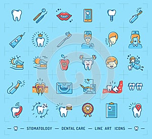 Stomatology icon dental care logo. Children dentistry thin line icons