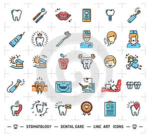 Stomatology icon dental care logo. Colorful dentistry thin line icons