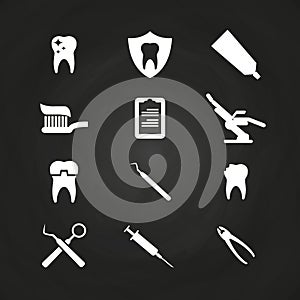 Stomatology icons set on chalkboard - teeth care icons