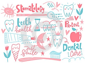 Stomatology pattern with cute symbols and tooth.