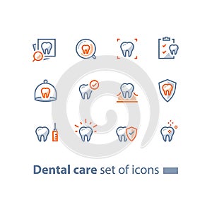 Stomatology services, dental care, prevention check up, hygiene and treatment, line icons