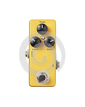Stomp box electric guitar signal distortion gold effects foot pedal isolated on white background with clipping path