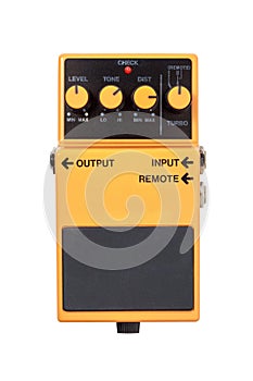 Stomp box electric guitar signal distortion orange effects foot pedal isolated on white background with clipping path