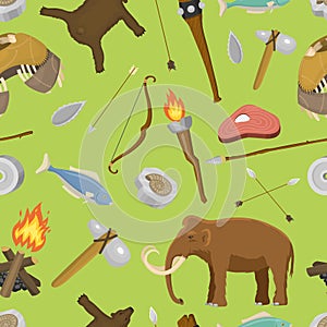 Stone age aboriginal primeval historic hunting primitive stoneage caveman people weapon and house life symbols vector