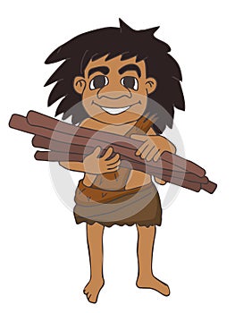 Stone age boy collecting wood