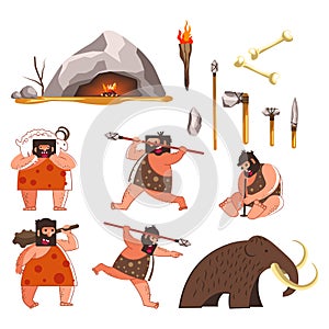 Stone age and caveman, prehistoric tools and weapon, isolated icons