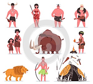 Stone age characters. Caveman, primitive characters, ancient animals and weapons tool. Primitive prehistoric period