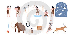 Stone age characters. Prehistoric people and their houses, caves and daily life. Primitive hunters with tools, household