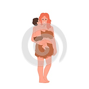 Stone age era tribal cavewoman holding baby vector illustration isolated on white background