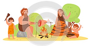 Stone age family. Primitive prehistoric people. Mom, dad and kids cooking or sewing animal skins clothes. Cavemen make household