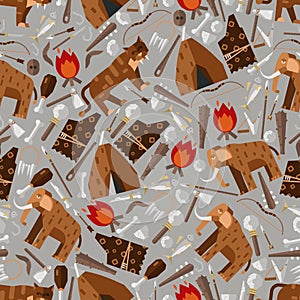 Stone age icons in seamless pattern, vector illustration. Simple flat style symbols of ice age, Paleolithic era. Mammoth