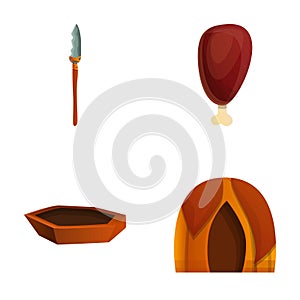 Stone age icons set cartoon . Primitive tool and weapon