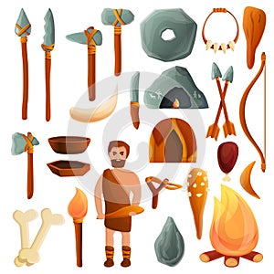 Stone age icons set, cartoon style