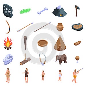 Stone age icons set, isometric style