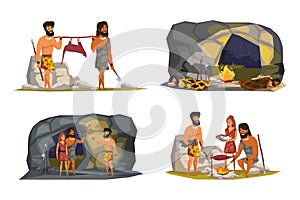 Stone age life scenes vector illustrations set