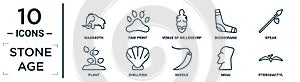 stone.age linear icon set. includes thin line mammoth, venus of willendorf, spear, shellfish, moai, pterodactyl, plant icons for photo