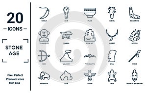 stone.age linear icon set. includes thin line needle, troglodyte, bow, mammoth, venus of willendorf, rock art, spear icons for photo