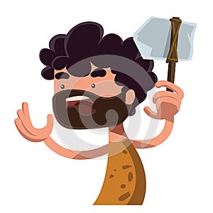 Stone age man holding ancient tool illustration cartoon character