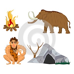 Stone age or Neanderthal man household vector flat icons