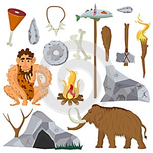 Stone age or Neanderthal vector icons and characters set