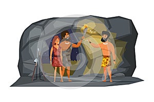 Stone age people discover fire illustration.