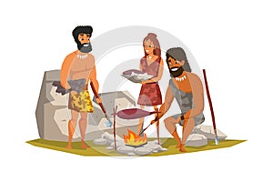 Stone age people frying meat vector illustration.