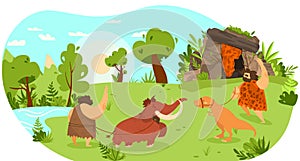 Stone age people with pet animal, mammoth and dinosaur on leash, funny vector illustration