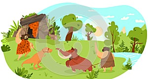 Stone age people with pet animal, mammoth and dinosaur on leash, funny vector illustration