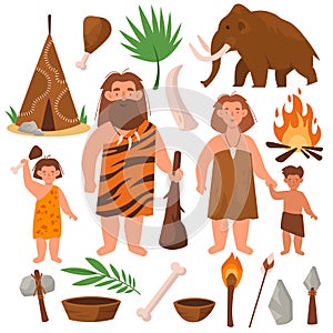 Stone age. People of prehistoric times. Cartoon family tribe. Cute cavemen. Mammoth and dwelling made of skins