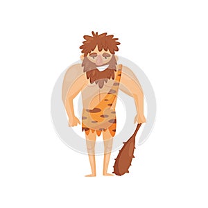 Stone age prehistoric man with cudgel, primitive cavemen cartoon character vector Illustration on a white background