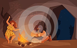 Stone age primitive family people sit by fire, caveman playing music, woman dancing