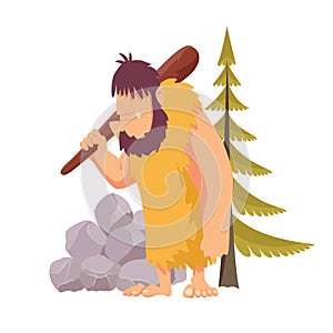 Stone age primitive man in animal hide pelt with big wooden club. Flat style vector illustration isolated on white