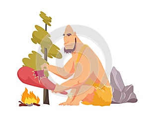 Stone age primitive man in animal hide pelt cooking meat food on fire. Flat style vector illustration isolated on white