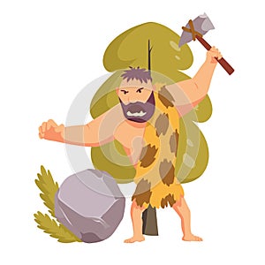 Stone age primitive man with stone hammer. Flat style vector illustration isolated on white background. Angry Caveman