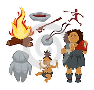 Stone age primitive people and devices woman and baby