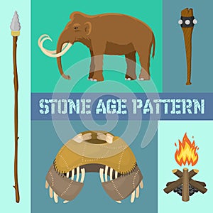 Stone age primitive prehistoric life banner vector illustration. Ancient tools and animals as mammoth. Hunting weapons