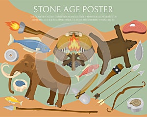 Stone age primitive prehistoric life poster vector illustration. Ancient tools and animals. Hunting weapons and