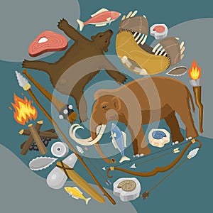 Stone age primitive prehistoric life round pattern vector illustration. Ancient tools and animals. Hunting weapons and