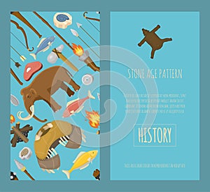Stone age primitive prehistoric life set of banners vector illustration. Ancient tools and animals as mammoth. Hunting