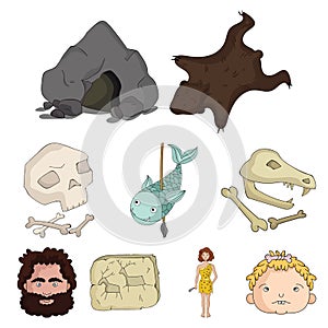 Stone age set icons in cartoon style.