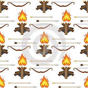 Stone age vector aboriginal primeval historic hunting primitive people weapon seamless pattern background illustration.