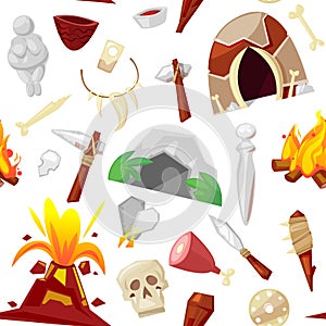 Stone age vector primeval neanderthal stoned weapon axe and prehistoric primitive spear of ancient caveman illustration