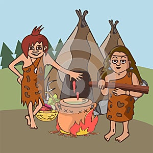 Stone age women cooking on open fire cartoon