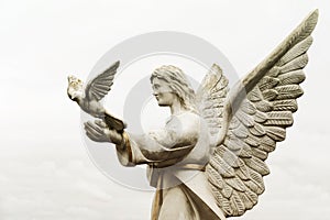 A stone angel releases a dove from her hands (concept: angel of peace)