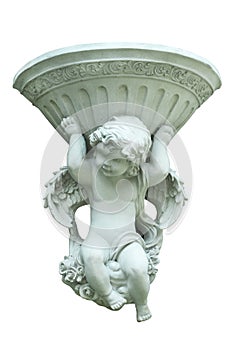 Stone angel statue wall light stand isolated. Old art children angel concrete sculpture wall light stand