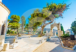 Entrance to cemetery at church of Agia Triada in Lefkes village photo