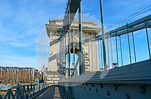 The stone arch and metal construction of Chain Bridge, Budapest, Hungary