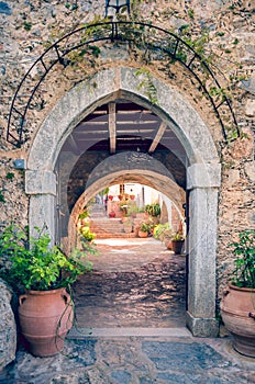 Stone arched gate. Gateway to orthodox monastery