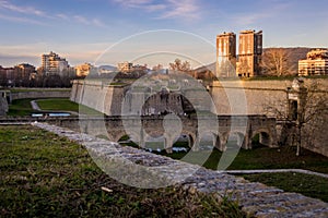 Stone arches and buildings of Pamplona city in Spain