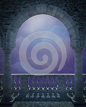 Stone archway and balcony with fantasy moonlit sky